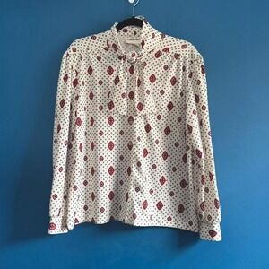 Vintage Pussybow Blouse Women's Size 14 Petite Fire Islander Patterned Red‎ Mod